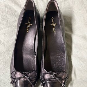 Cole Haan Black Patent Leather Ballet Wedges with Bow Trim